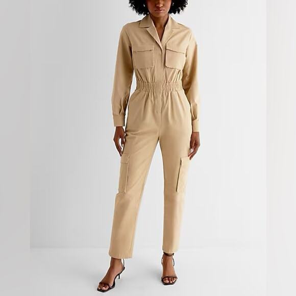 New SZ 8 express 1 PC Utility Straight Leg Chino Jumpsuit tan khaki cargo - Picture 1 of 4